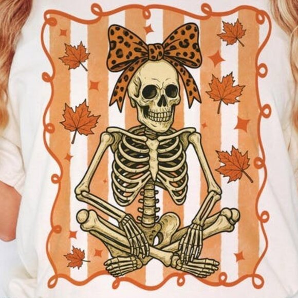 Fall Skeleton with Bow Tee, Cute Leopard Bow Tee - Picture 2 of 4